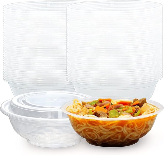150 Pcs Stackable Meal Prep Bowl Containers, Food Takeout Bowls Reusable,Black Disposable Meal Prep Bowls With Lids. (24oz-transparent)